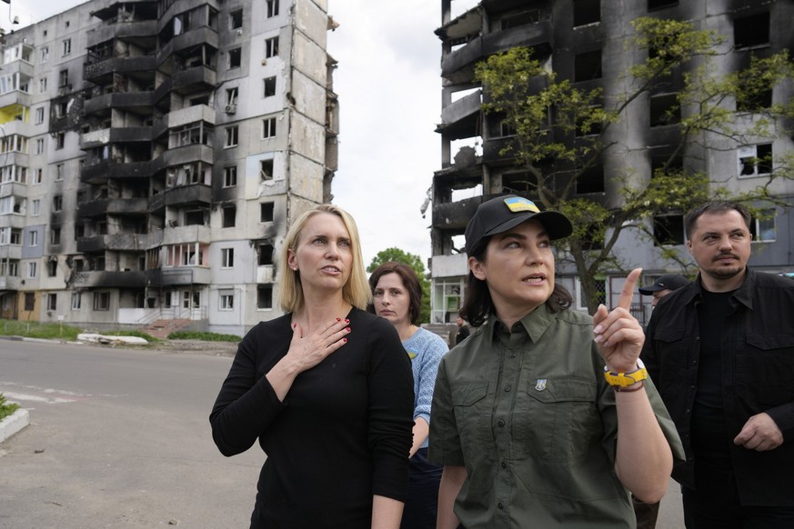 U.S. ambassador to Ukraine Bridget Brink, left, and Ukraine's Prosecutor General Iryna Venediktova tour destroyed areas of Borodyanka, on the outskirts of Kyiv, Ukraine, Saturday, June 4, 2022. (AP Ph ...