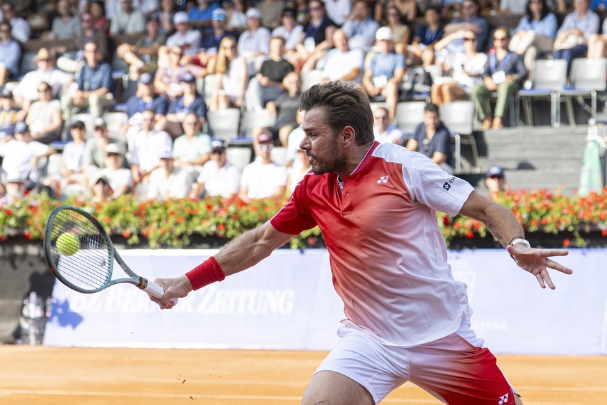 Stan Wawrinka of Switzerland in action against Jaime Faria of Portugal at the Swiss Open tennis tournament in Gstaad, Switzerland, on Tuesday, July 14, 2026. (KEYSTONE/Peter Schneider)