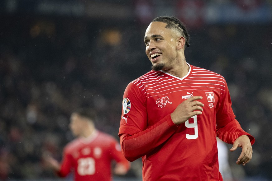 Switzerland&#039;s Noah Okafor rects during the UEFA Euro 2024 qualifying group I soccer match between Switzerlandat and Kosovo at the St. Jakob-Park stadium in Basel, Switzerland, on Saturday, Novemb ...