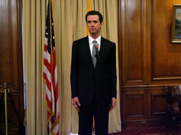 Mayor Gavin Newsom publicly apologized for an extramarital affair he had with the wife of a former staffer during a packed news conference at City Hall in San Francisco, Calif. on Thursday, Feb. 1, 20 ...