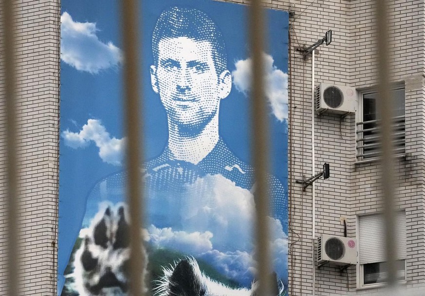 Portrait géant de Novak Djokovic. Belgrade, 6 janvier 2022.
