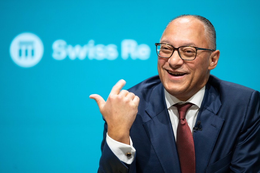 Andreas Berger, Group CEO of the reinsurance company Swiss Re, speaks during the press conference of the full-year results 2025, in Zurich, Switzerland, Friday, Feb. 27, 2026. (Andreas Becker/Keystone ...