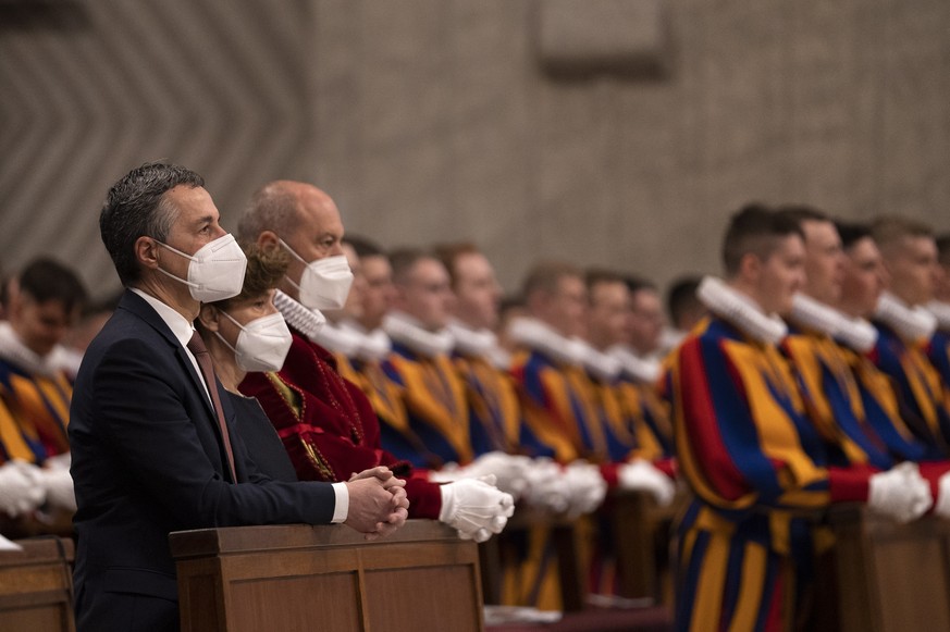 epa09929775 A handout photo made available by Swiss Federal Department Of Foreign Affairs shows Swiss President and Foreign Minister Ignazio Cassis during the morning ceremony in the St. Peter Dom in  ...