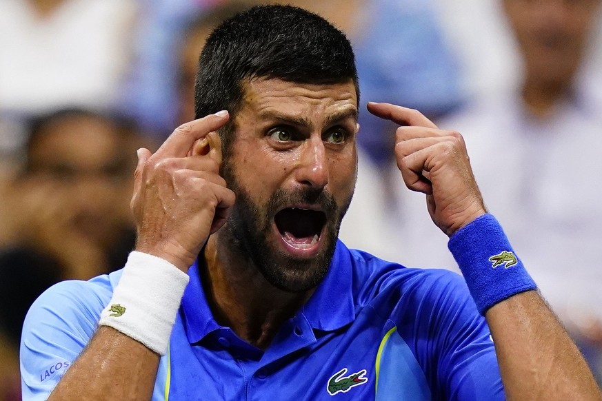 Novak Djokovic, of Serbia, reacts during a break in play against Daniil Medvedev, of Russia, during the men&#039;s singles final of the U.S. Open tennis championships, Sunday, Sept. 10, 2023, in New Y ...