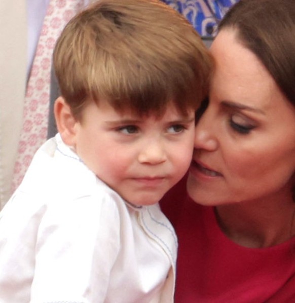 LONDON, ENGLAND - JUNE 05: Catherine, Duchess of Cambridge and Prince Louis of Cambridge watch the Platinum Jubilee Pageant from the Royal Box during the Platinum Jubilee Pageant on June 05, 2022 in L ...