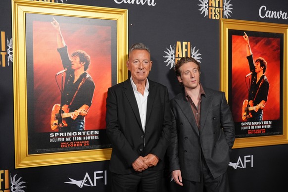 Jeremy Allen White, right, who plays Bruce Springsteen in &quot;Springsteen: Deliver Me from Nowhere,&quot; poses with Springsteen at the AFI Fest premiere of the film on Wednesday, Oct. 22, 2025, at  ...
