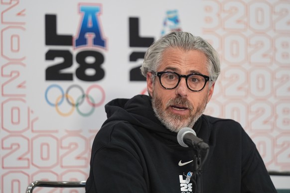 FILE - Casey Wasserman, LA28 chairperson and president, takes questions from the media during a news conference in Los Angeles, Thursday, June 5, 2025. (AP Photo/Damian Dovarganes, File)
Casey Wasserm ...