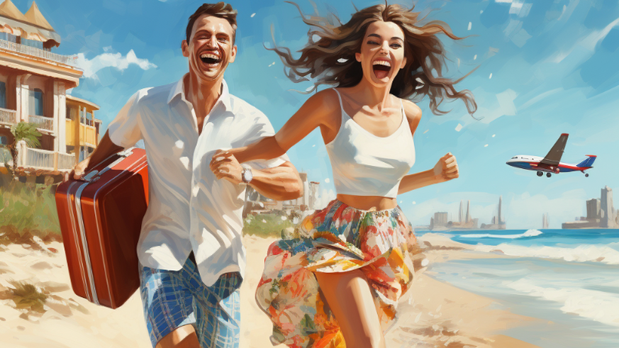 Glückliches Paar rennt am Strand in die Ferien
