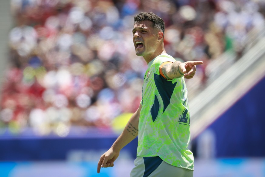Switzerland's Granit Xhaka reacts during the World Cup Group B soccer match between Qatar and Switzerland at the San Francisco Bay Area Stadium in Santa Clara, Saturday, June 13, 2026. (KEYSTONE/ ...