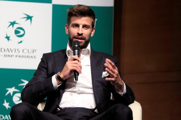 epa07100456 FC Barcelona&#039;s Spanish defender and Founder and CEO of Kosmos, Gerard Pique, delivers a speech during the presentation event of Madrid as home of the two next editions of the Davis Cu ...