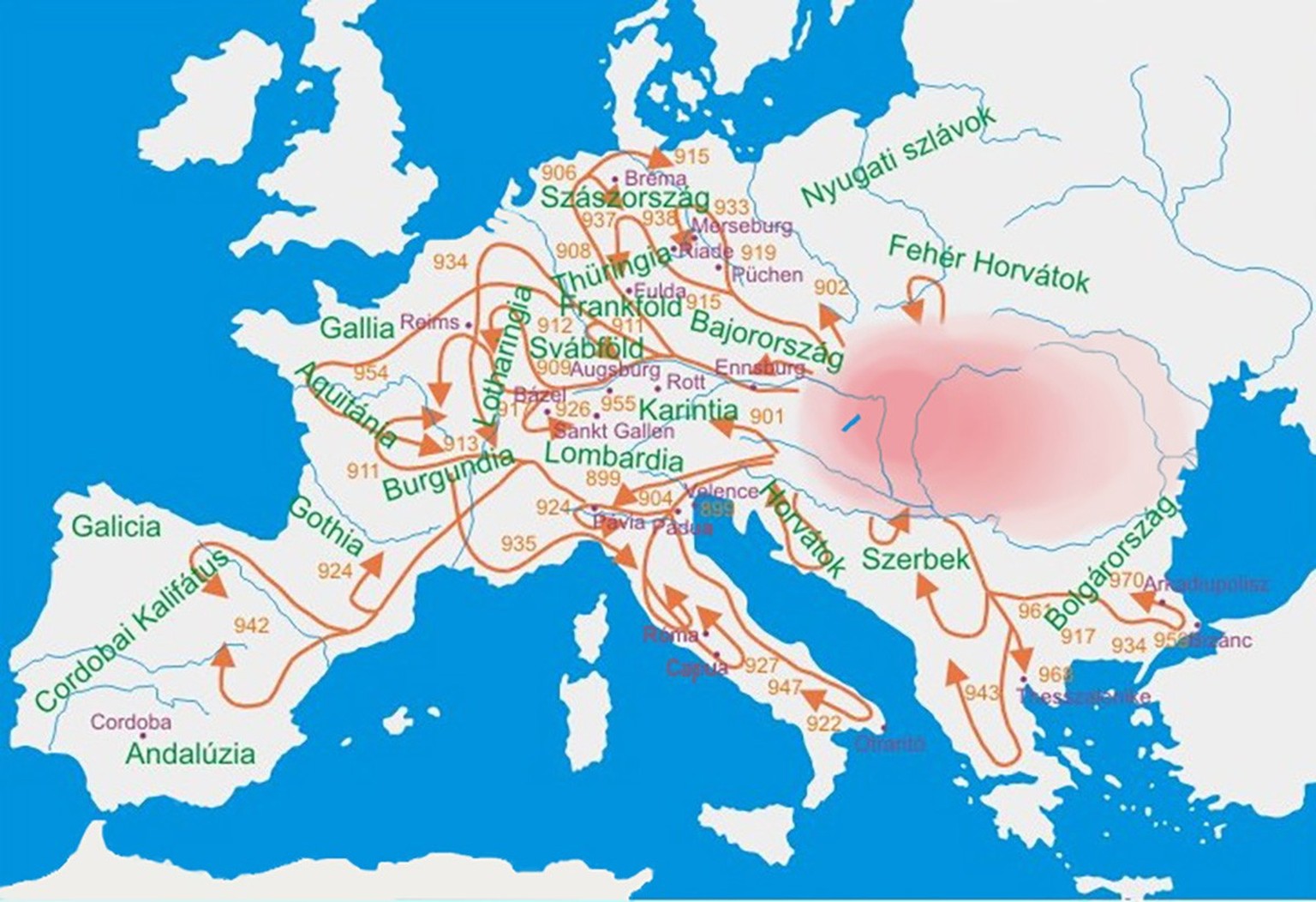 Déplacements des Magyars dans les années 900.
https://commons.wikimedia.org/wiki/File:Kalandozasok.jpg