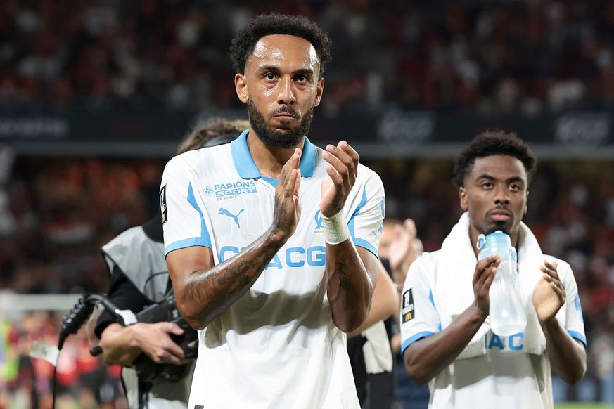 RENNES, FRANCE - AUGUST 15: Pierre-Emerick Aubameyang, Angel Gomes of Marseille salute the supporters following the Ligue 1 McDonald&#039;s football match between Stade Rennais FC and Olympique de Mar ...
