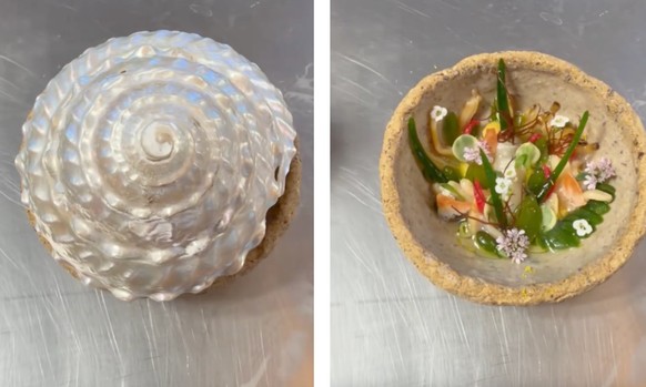 L'un des plats servis au pop-up: un coquillage qui renferme une salade hachée aux palourdes, algues et fruits.