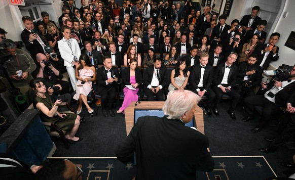 US President Donald Trump speaks during a press briefing in the Brady Briefing Room at the White House in Washington, DC, shortly after a shooting incident at the White House Correspondents� Dinner on ...