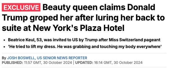 «Une reine de beauté affirme que Donald Trump l'a agressée sexuellement après l'avoir attirée dans une suite de l'hôtel Plaza à New York.»