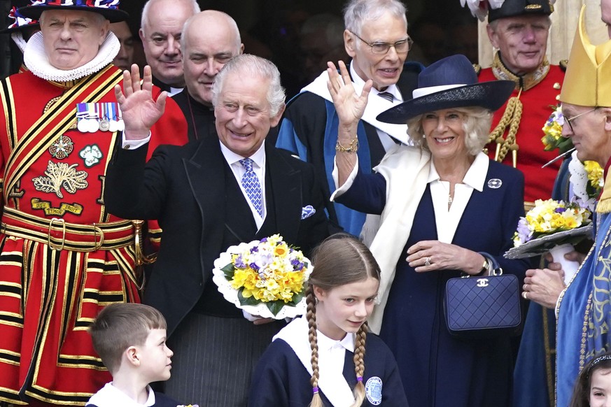 Britain&#039;s King Charles III and Camilla, the Queen Consort, center, attend the Royal Maundy Service at York Minster, York, England, Thursday April 6, 2023. (Owen Humphreys/PA via AP)