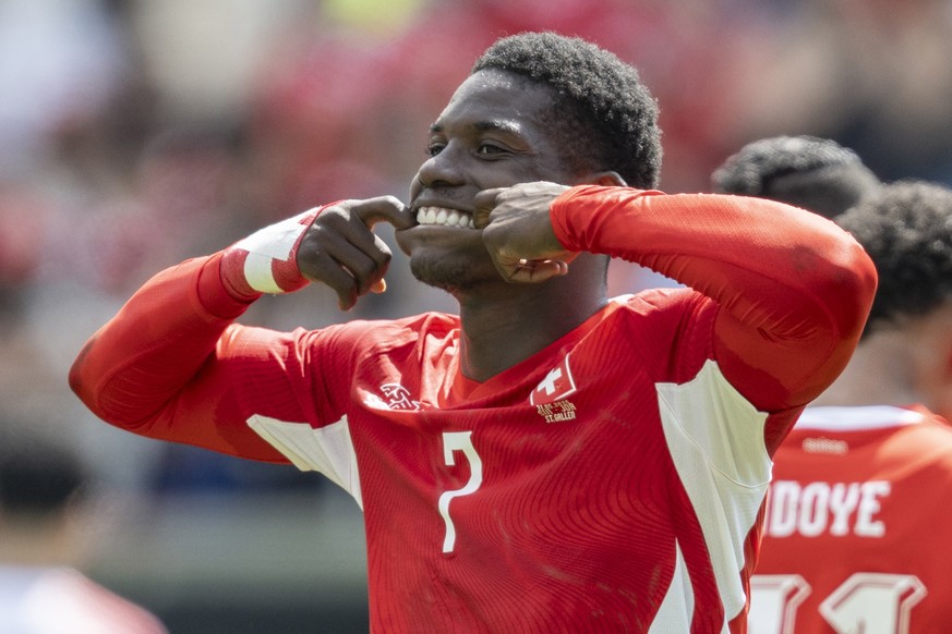 epa13006538 Switzerland's Breel Embolo celebrates after scoring the 1-0 goal during the international friendly soccer match between Switzerland and Jordan, at the kybunpark, in St. Gallen, Switze ...