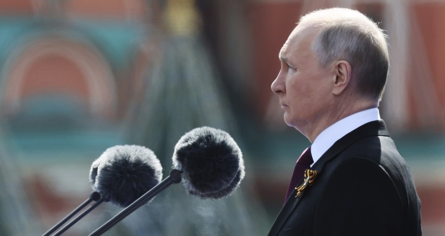 Russian President Vladimir Putin delivers his speech during the Victory Day military parade marking the 78th anniversary of the end of World War II in Red square in Moscow, Russia, Monday, May 9, 2022 ...