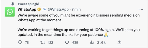 tweet de WhatsApp confirmant la panne le vendredi 16 juin à 22h