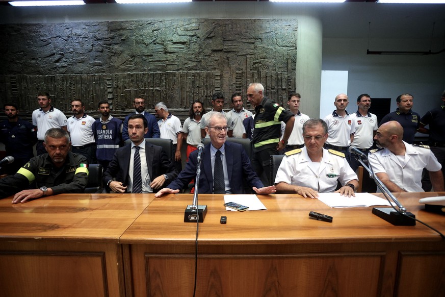 epa11562477 Chief prosecutor of Termini Imerese, Ambrogio Cartosio (C) reacts during a press conference on the Bayesian shipwreck, in Termini Imerese, near Palermo, Sicily Island, southern Italy, 24 A ...