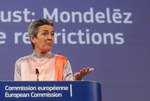 epa11362347 Executive Vice-President for A Europe Fit for the Digital Age and Competition Margrethe Vestager gives a press conference on Antitrust case against Mondelez in Brussels, Belgium, 23 May 20 ...