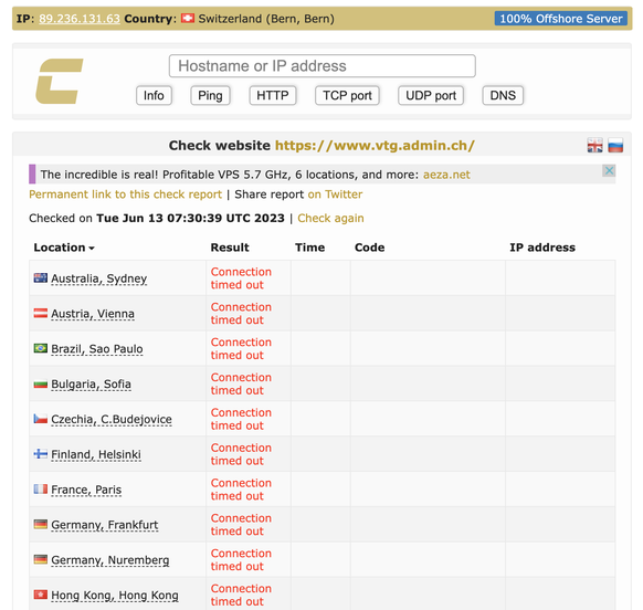 Cette capture d'écran montre que le site web sous vtg.admin.ch n'était pas accessible mardi matin.