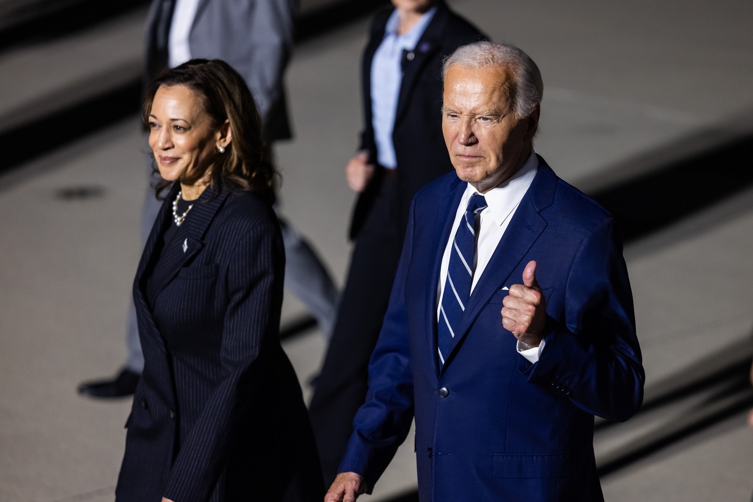 epaselect epa11517494 US President Joe Biden and Vice President Kamala Harris depart after a greeting event for Russian-American journalist Alsu Kurmasheva, Wall Street Journal reporter Evan Gershkovi ...