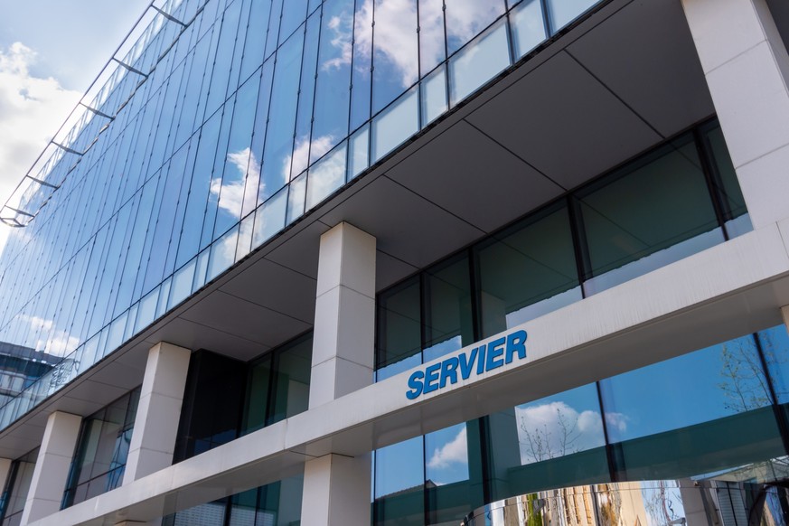 Suresnes, France - April 13, 2021: Exterior view of the headquarters of Servier laboratories, a French pharmaceutical group present in 150 countries