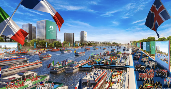 A chaque pays son bateau pour le défilé de la cérémonie d'ouverture.