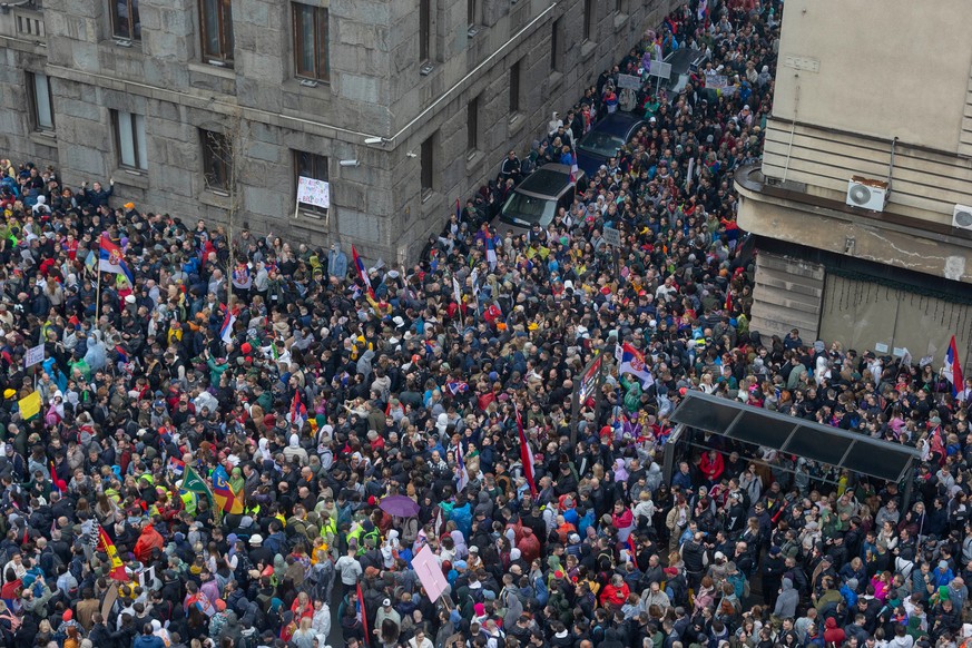 Crowds gather during a major anti-corruption rally led by university students in Belgrade, Serbia, Saturday, March 15, 2025. (AP Photo/Marko Drobnjakovic)
Serbia Protests Tensions