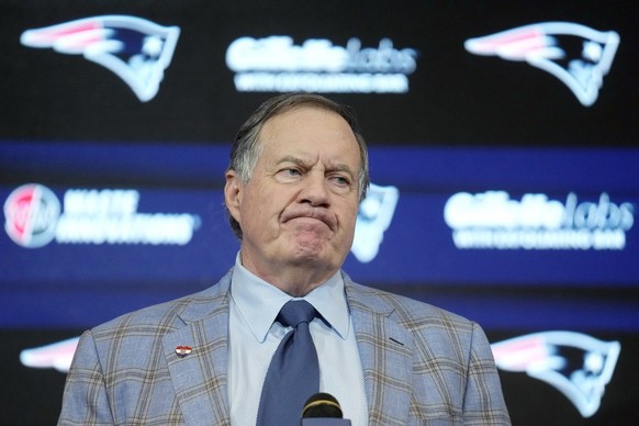 Former New England Patriots head coach Bill Belichick faces reporters during an NFL football news conference, Thursday, Jan. 11, 2024, in Foxborough, Mass., to announce that he has agreed to part ways ...