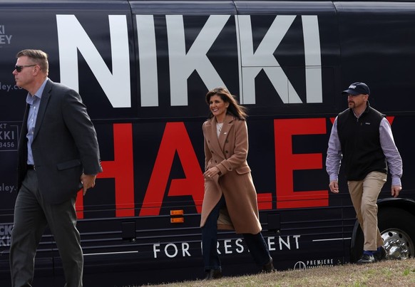 SUMTER, SOUTH CAROLINA - FEBRUARY 19: Republican presidential candidate former U.N. Ambassador Nikki Haley arrives at a campaign event at American Legion Post 15 on February 19, 2024 in Sumter, South  ...