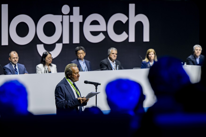 epa11585196 Daniel Borel, co-founder of Logitech, speaks during the Annual General Meeting of Logitech at the SwissTech Convention Center, in Ecublens near Lausanne, Switzerland, 04 September 2024. EP ...