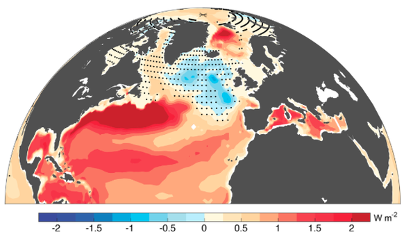 Trend of ocean heat content in W/m2 in the full-depth water column for 1955–2024, the interval over which these data are considered sufficiently reliable (Cheng et al., 2024). Non-significant trends ( ...
