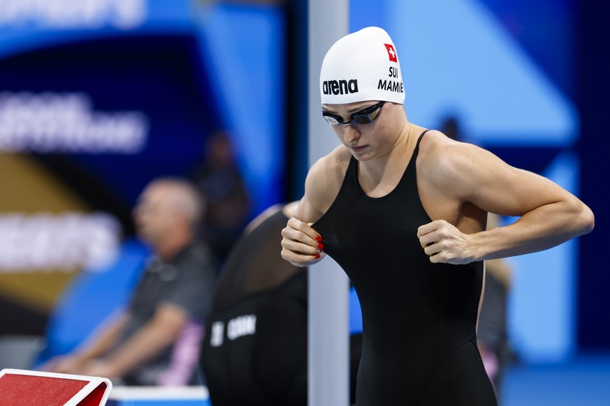 Lisa Mamie (Switzerland) prepares herself before competing in the Women?s 200m Breaststroke Heats during the swimming events at the 2024 Paris Summer Olympics at La Defense Arena, in Paris, France, We ...