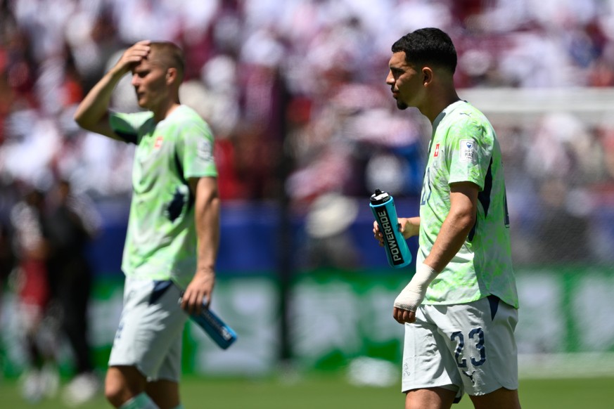 Switzerland's Zeki Amdouni reacts after the end of the World Cup Group B soccer match between Qatar and Switzerland in Santa Clara, Calif., near San Francisco, Saturday, June 13, 2026. (AP Photo/ ...