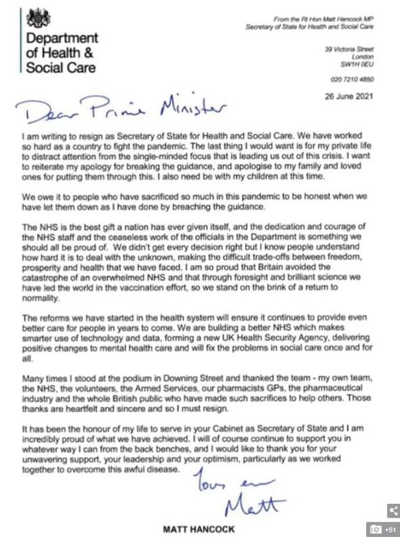 Sa lettre de démission remise à Boris Johnson, réitérant ses excuses.