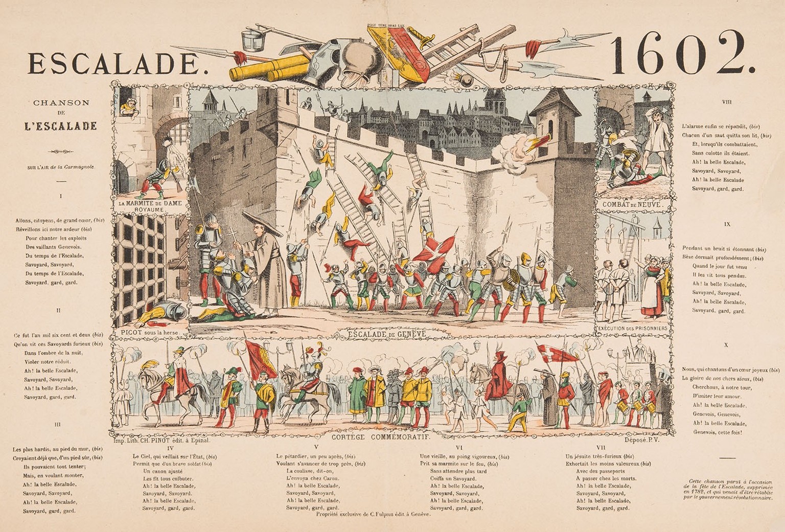 Gravure de l’Escalade, vers 1850. Les marges reprennent les paroles de la chanson de l’Escalade, composée en 1603.