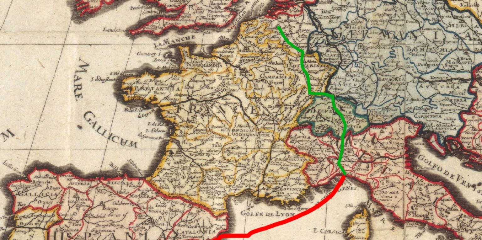 Carte de l’Europe centrale, vers 1670. À partir de 1604, les troupes espagnoles eurent l’autorisation de traverser les cantons catholiques de la Confédération pour se rendre aux Pays-Bas.
https://www. ...