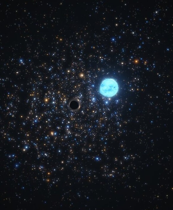 Le trou noir récemment découvert a été repéré dans un amas de milliers d&#039;étoiles situé à environ 160 000 années-lumière dans le Grand Nuage de Magellan, une galaxie voisine de la Voie lactée (ESO ...