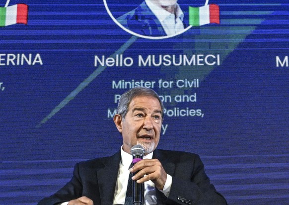 epa12231596 European Conservatives and Reformists (ECR) party President Mateusz Morawiecki (R) and Italian Minister for Civil Protection and Maritime Policies Nello Musumeci attend the ECR party event ...