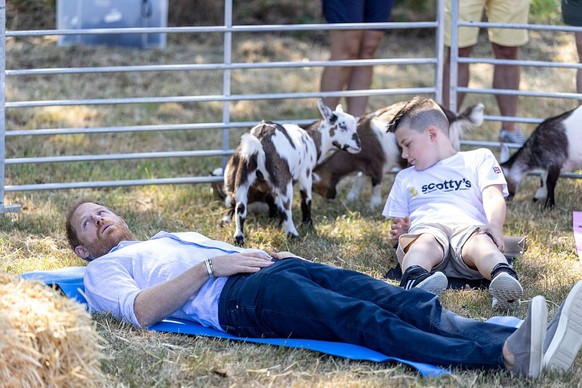 BIRMINGHAM, ENGLAND - JULY 11: Prince Harry, Duke of Sussex takes part in Goat Yoga during Scotty's Summer Festival at Maxstoke Castle on July 11, 2026 in Birmingham, England. Scotty's is a  ...
