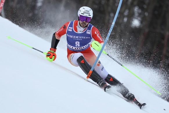Switzerland&#039;s Marc Rochat competes in the first run of an alpine ski, men&#039;s World Cup slalom race, in Chamonix, France, Sunday, Feb. 4. 2024. (AP Photo/Marco Trovati)