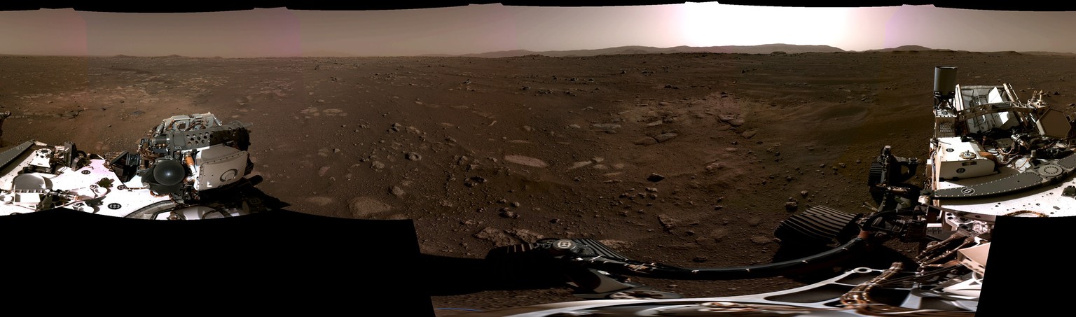 epa09030191 A handout photo made available by NASA shows This panorama, taken on 20 February 2021 (Issued on 22 February 2021), by the Navigation Cameras, or Navcams, aboard NASA?s Perseverance Mars r ...
