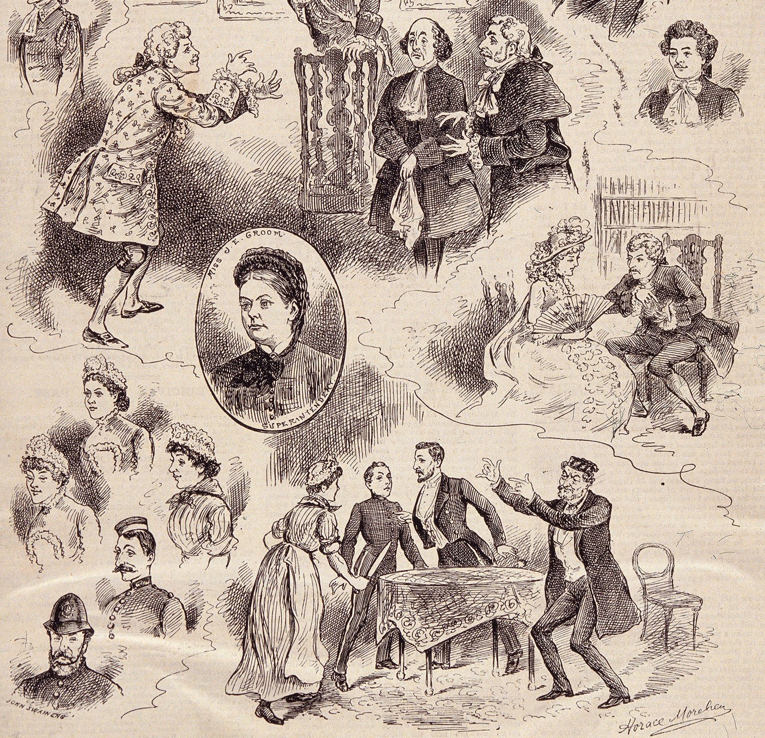 Des actrices et acteurs sourds de la «Hackney Mission to the Deaf and Dumb» interprètent des pièces de théâtre. Gravure sur bois de 1884 (détail).
https://wellcomecollection.org/works/c5ctn7w4/images? ...