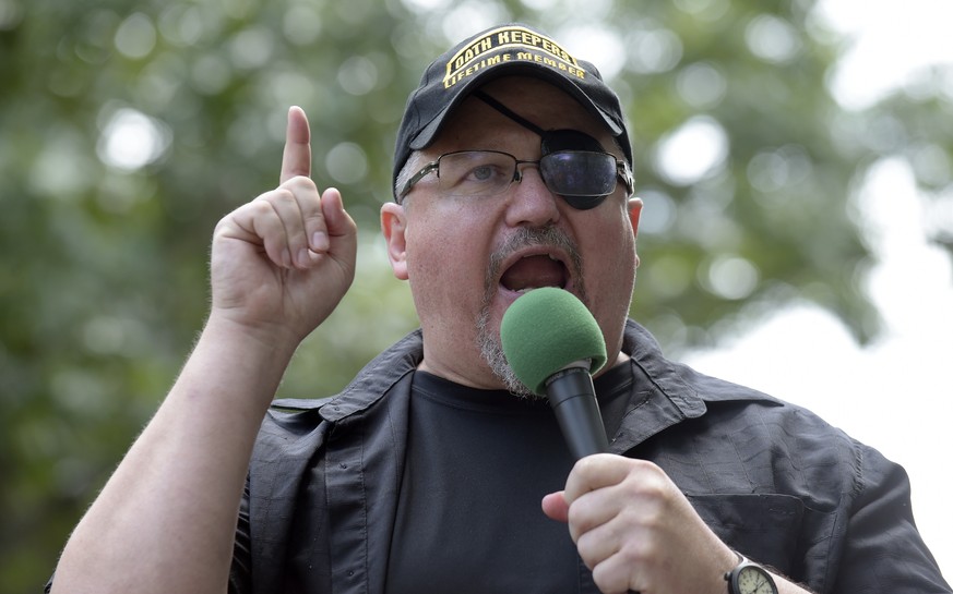 FILE - Stewart Rhodes, founder of the Oath Keepers, speaks during a rally outside the White House in Washington, June 25, 2017. Jury selection is expected to get underway Tuesday in one of the most se ...