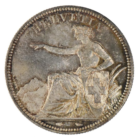 La pièce de cinq francs de 1850 ornée de l’Helvetia d’Antoine Bovy.