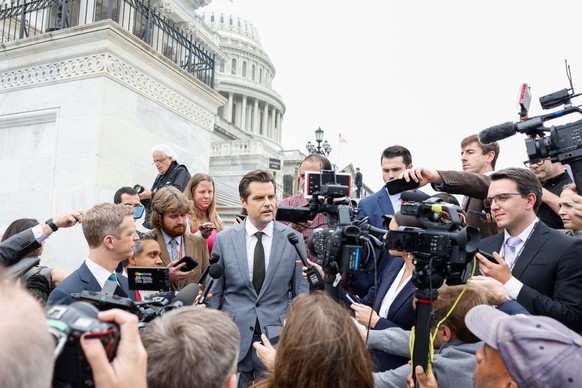 WASHINGTON, DC - SEPTEMBER 29: Rep. Matt Gaetz (R-FL) speaks to reporters outside of the U.S. Capitol Building on September 29, 2023 in Washington, DC. The House of Representatives failed to pass a te ...