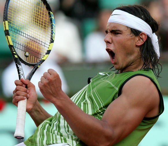 Spain&#039;s Rafael Nadal celebrates after breaking the serve of his opponent Swiss Roger Federer during their semi final match at the French Open in Roland Garros, Paris, Friday 03 June 2005. 
(KEYST ...