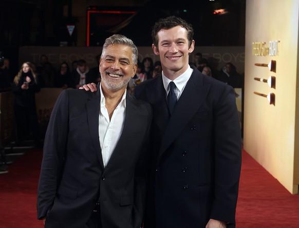 LONDON, ENGLAND - DECEMBER 03: George Clooney and Callum Turner attend the UK premiere of "The Boys In The Boat" at Curzon Cinema Mayfair on December 03, 2023 in London, England. (Photo by N ...